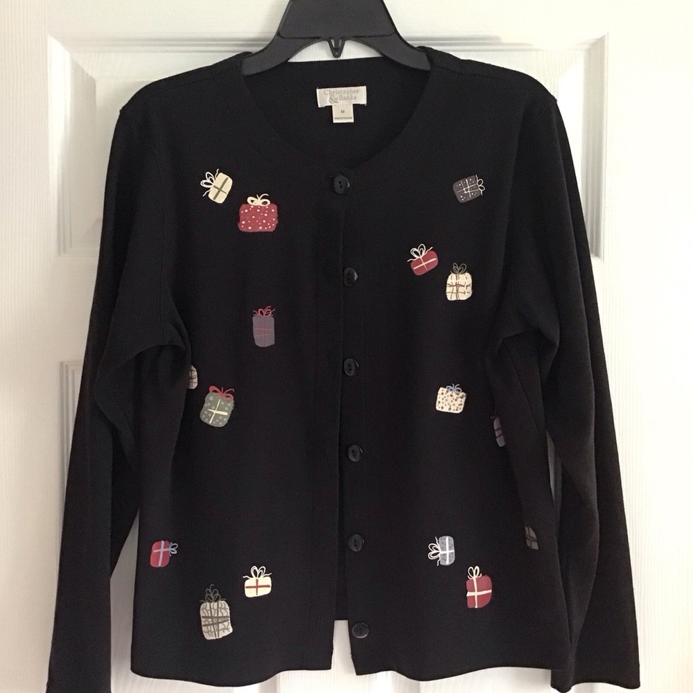 Christopher & Banks Sweater Black With Christmas Presents Medium
